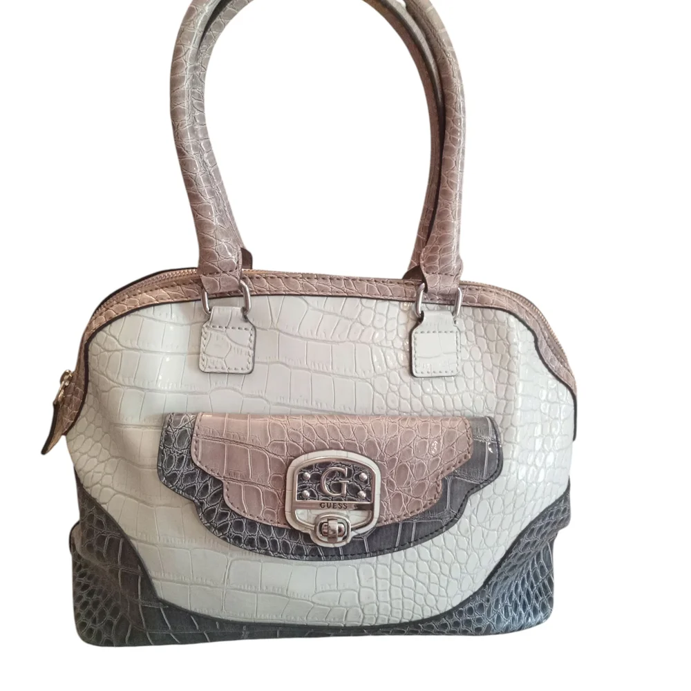 G By Guess Satchel Bag in cream, gray, and brown with a crocodile print
